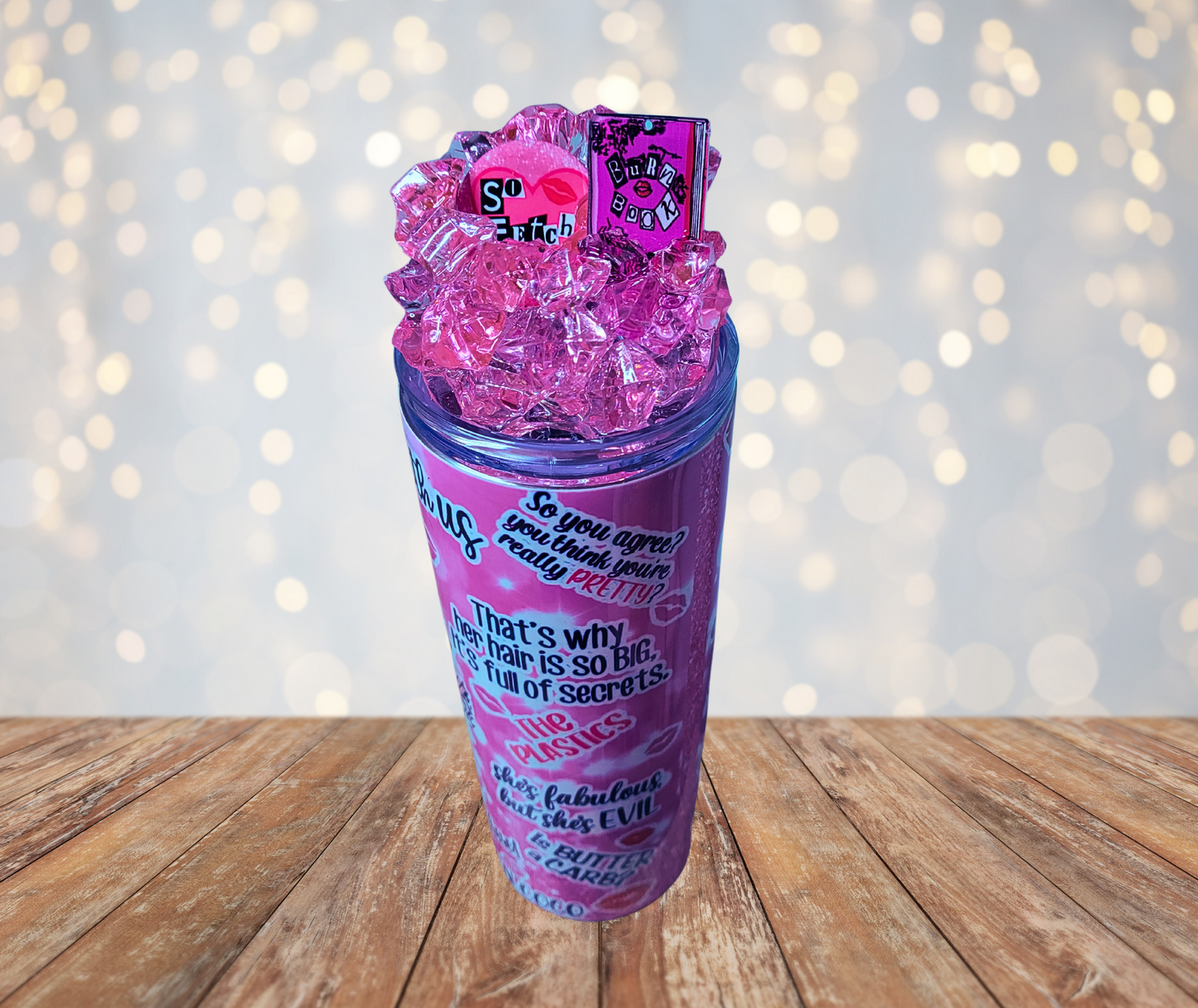 20 Oz Girly Movie Quotes Pink Faux Ice Tumbler With Removable Magnetic Lid With Metal Straw