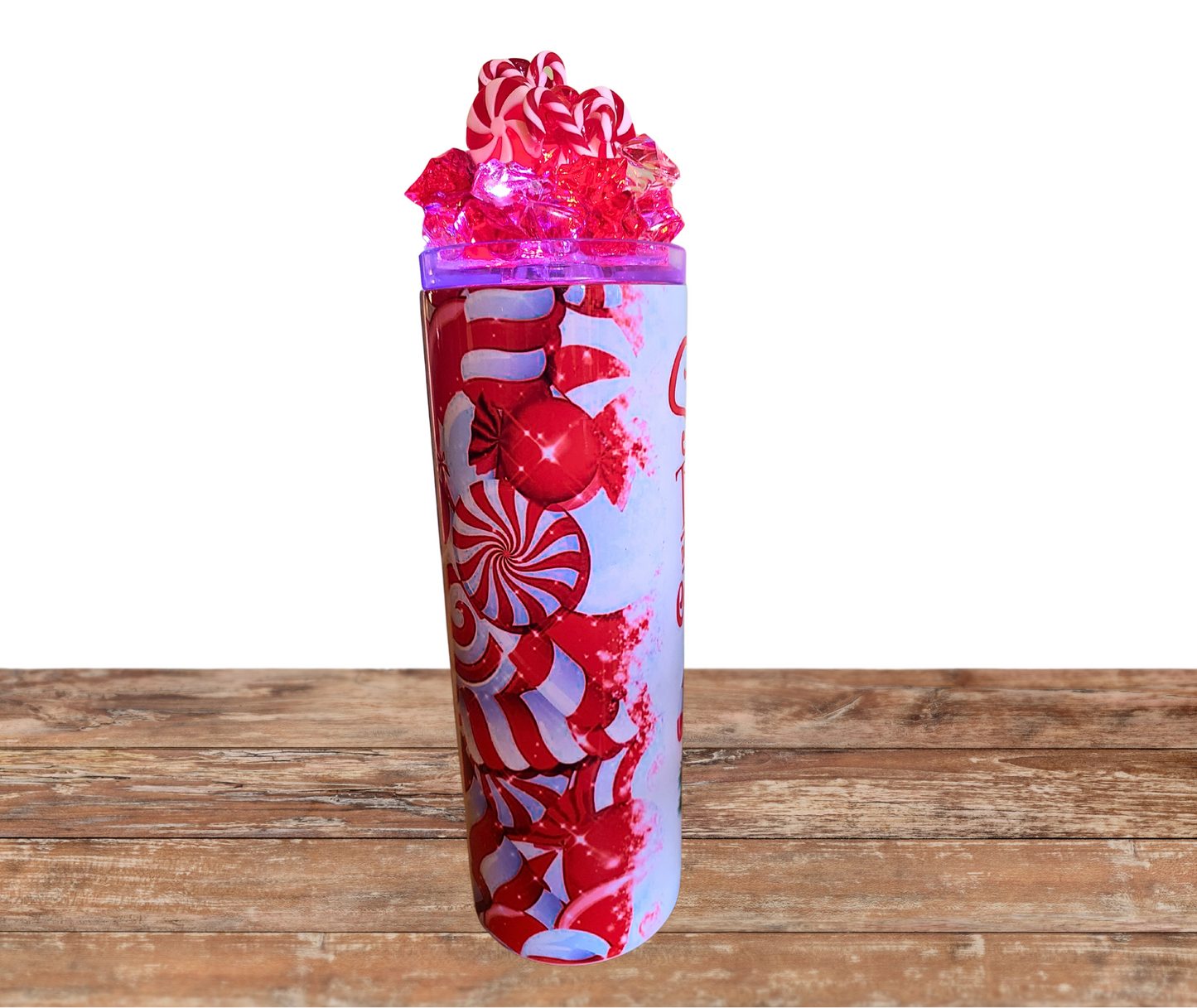 20 Oz Light Up Christmas Sweet But Twisted Faux Candy Cane And Peppermint Ice Tumbler With Removable Magnetic lid