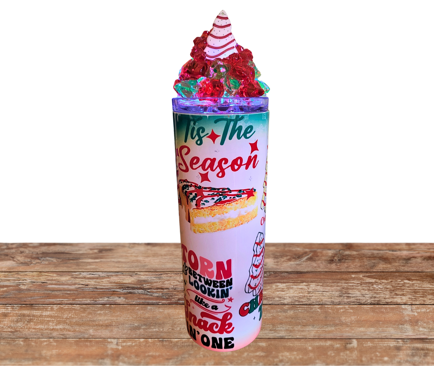 20 Oz Christmas Tree Tis The Season Snack Cake Light Up Tumbler With Removable Magnetic Lid