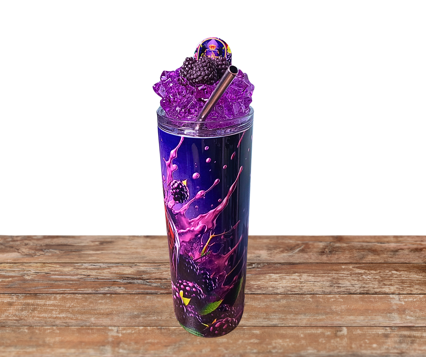 20 Oz Crown Royal Blackberry Purple Faux Ice Tumbler With Removable Magnetic Lid And Metal Straw