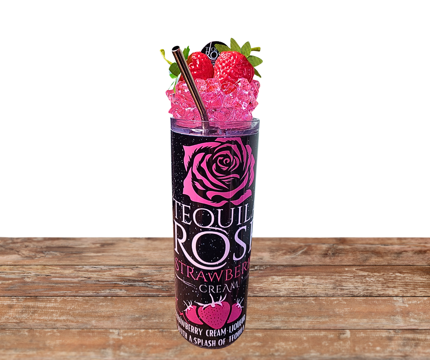 20 Oz Tequila Rose Strawberry Cream Faux Pink Ice Tumbler With Removable Magnetic Lid And Metal Straw