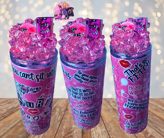 20 Oz Girly Movie Quotes Pink Faux Ice Tumbler With Removable Magnetic Lid With Metal Straw