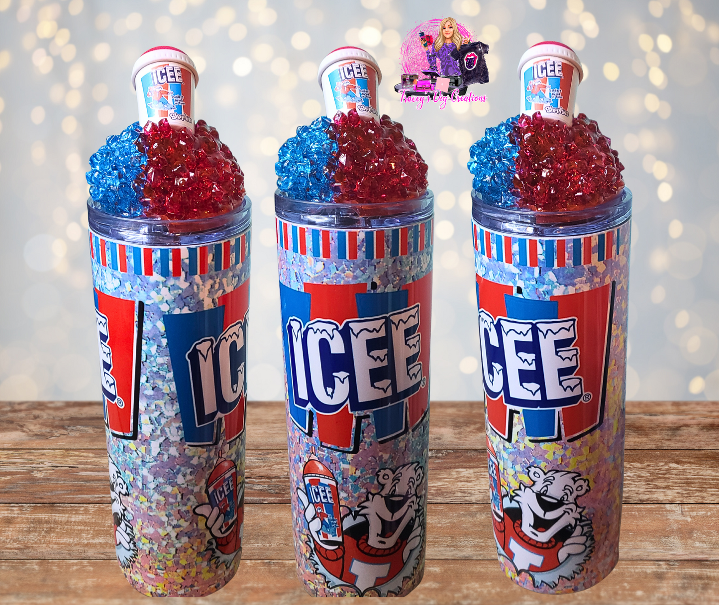 20 Oz Icee Slushie Cherry And Blue Raspberry Faux Colored Ice Tumbler With Removable Magnetic Lid And Metal Straw