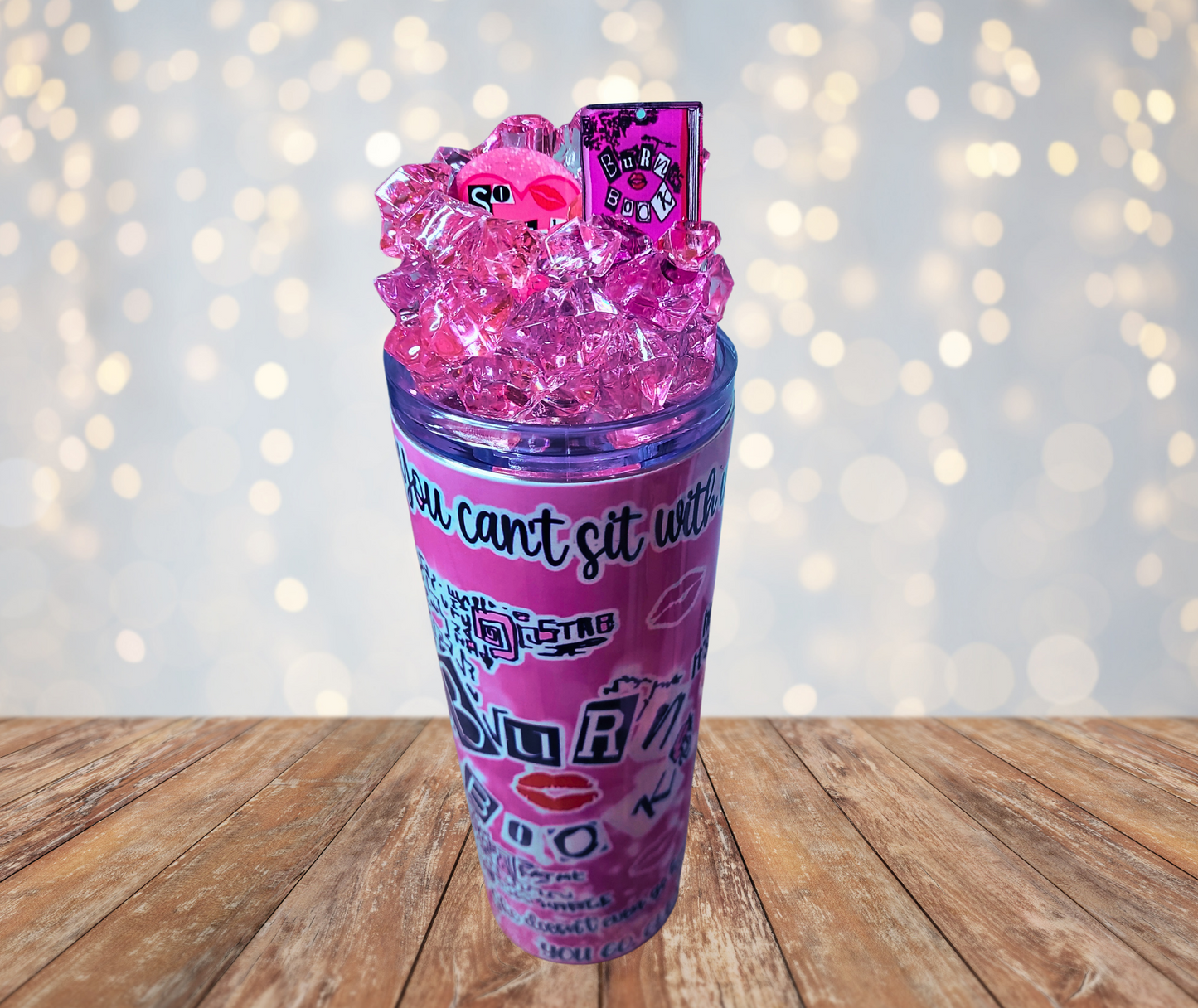 20 Oz Girly Movie Quotes Pink Faux Ice Tumbler With Removable Magnetic Lid With Metal Straw