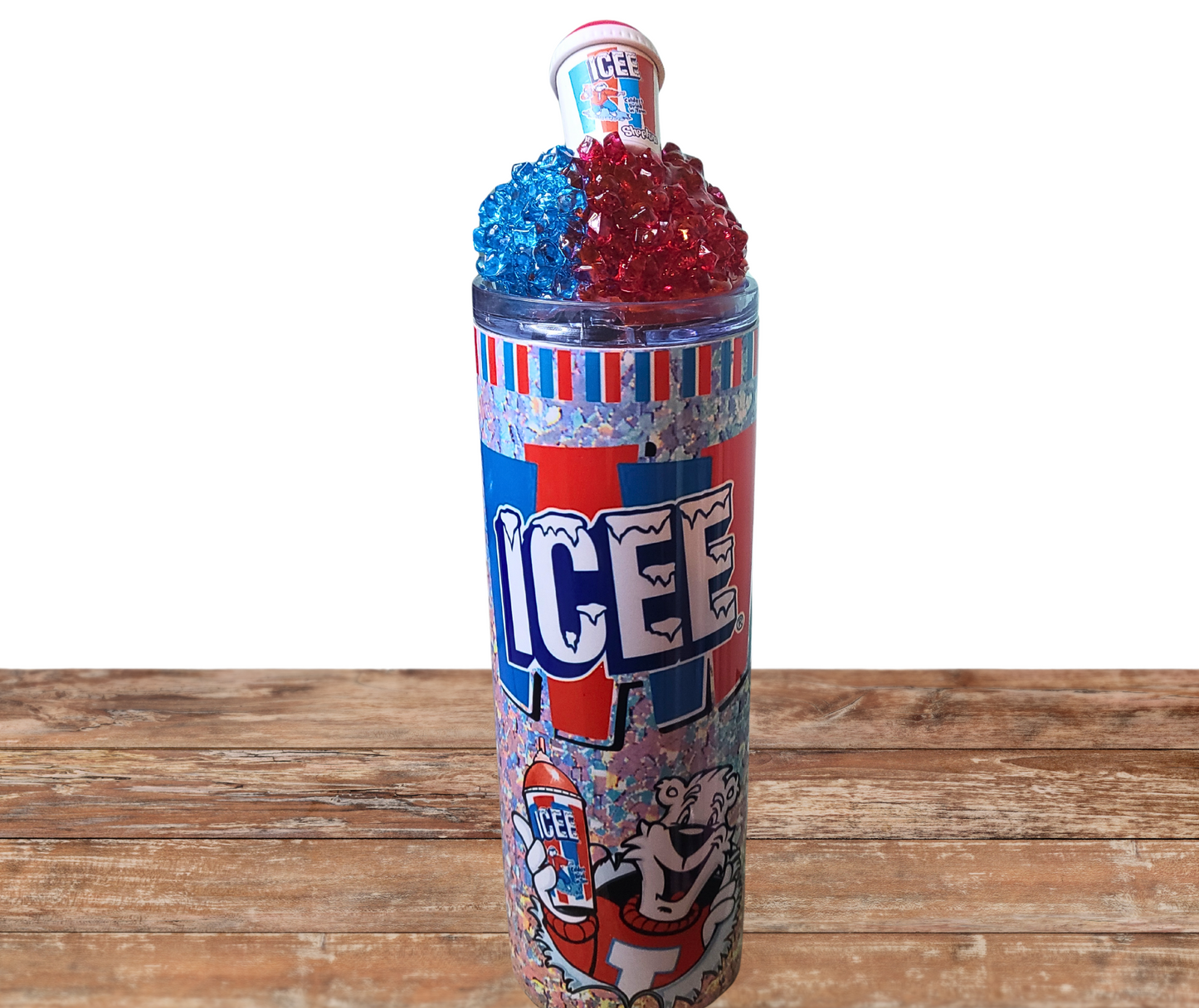 20 Oz Icee Slushie Cherry And Blue Raspberry Faux Colored Ice Tumbler With Removable Magnetic Lid And Metal Straw