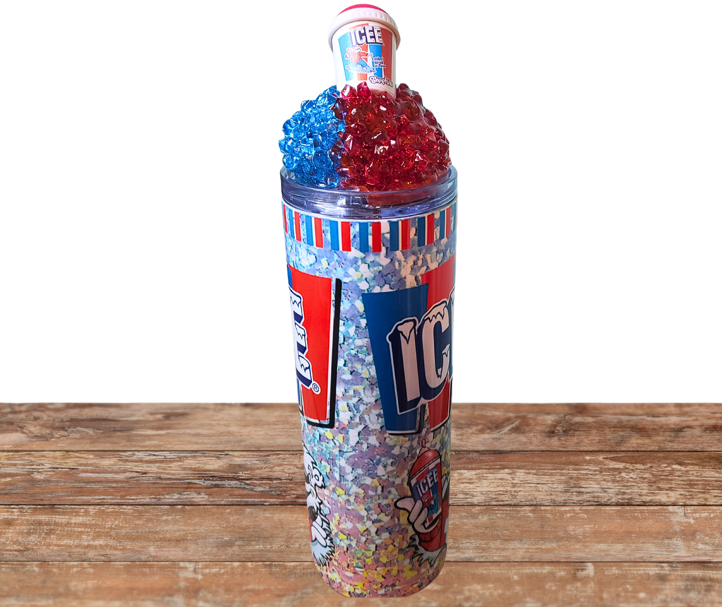 20 Oz Icee Slushie Cherry And Blue Raspberry Faux Colored Ice Tumbler With Removable Magnetic Lid And Metal Straw