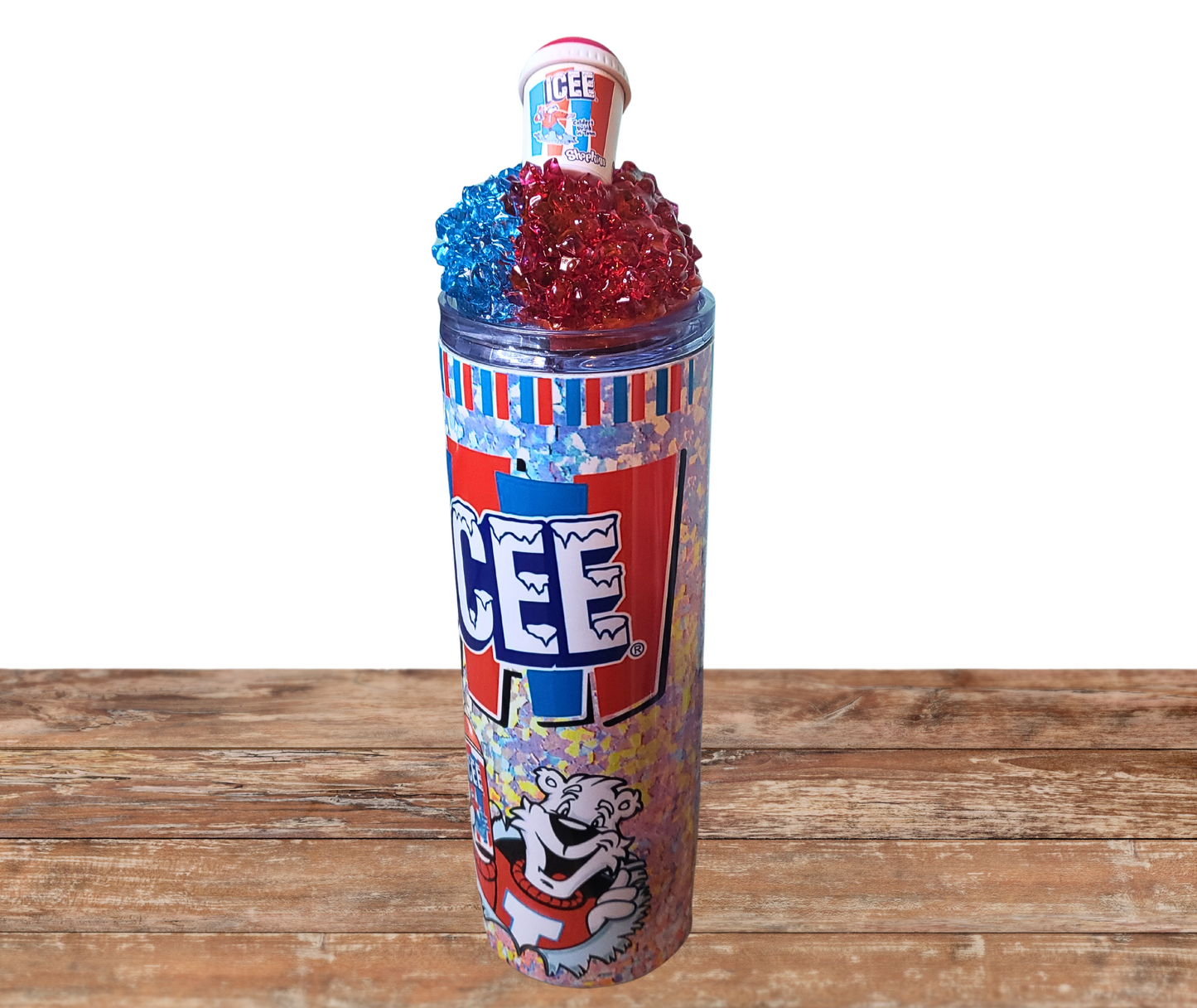 20 Oz Icee Slushie Cherry And Blue Raspberry Faux Colored Ice Tumbler With Removable Magnetic Lid And Metal Straw