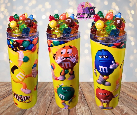 20 Oz M&M Peanut Funny Faces Colored Ice Tumbler With Removable Magnetic Lid And Metal Straw