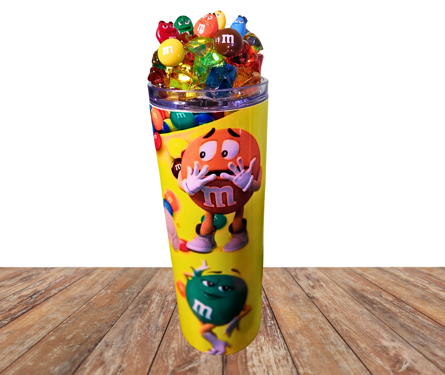 20 Oz M&M Peanut Funny Faces Colored Ice Tumbler With Removable Magnetic Lid And Metal Straw