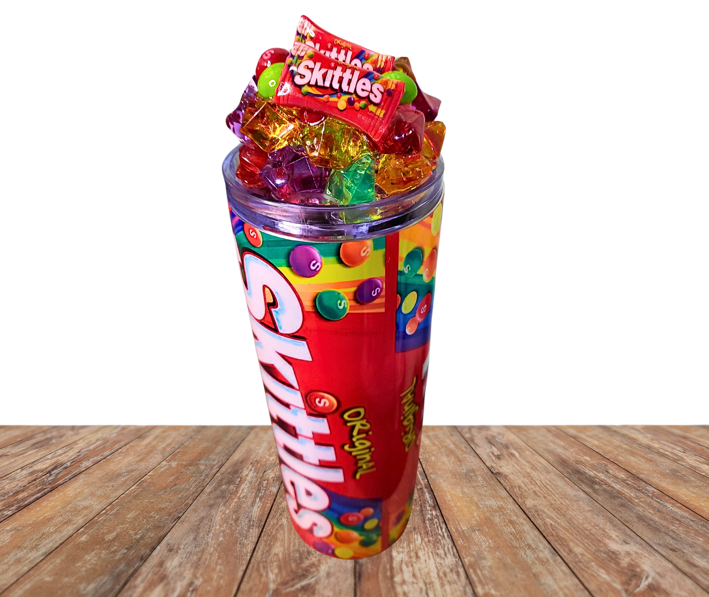 20 Oz Skittles Candy Colored Faux Ice Tumbler With Removable Magnetic Lid And Metal Straw