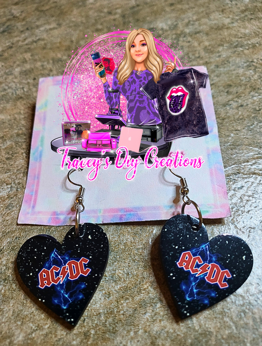 80s Rock AC/DC Sublimated Heart Shaped Earrings Doublesided Design