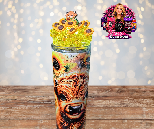 20 Oz Stainless Steel Highland Cow With Flowers Light Up Removable Magnetic Tumbler