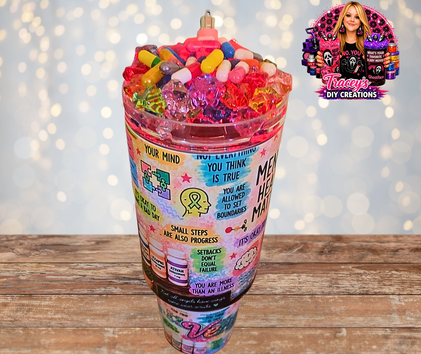 40 Oz Stainless Steel Mental Health With Faux Pills Light Up Ice Tumbler