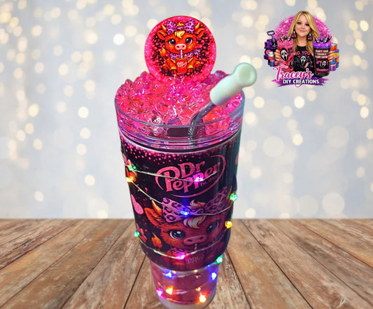 30 oz Stainless Steel Pink And Black Dr Pepper Highland Cow lighted Ice Tumbler