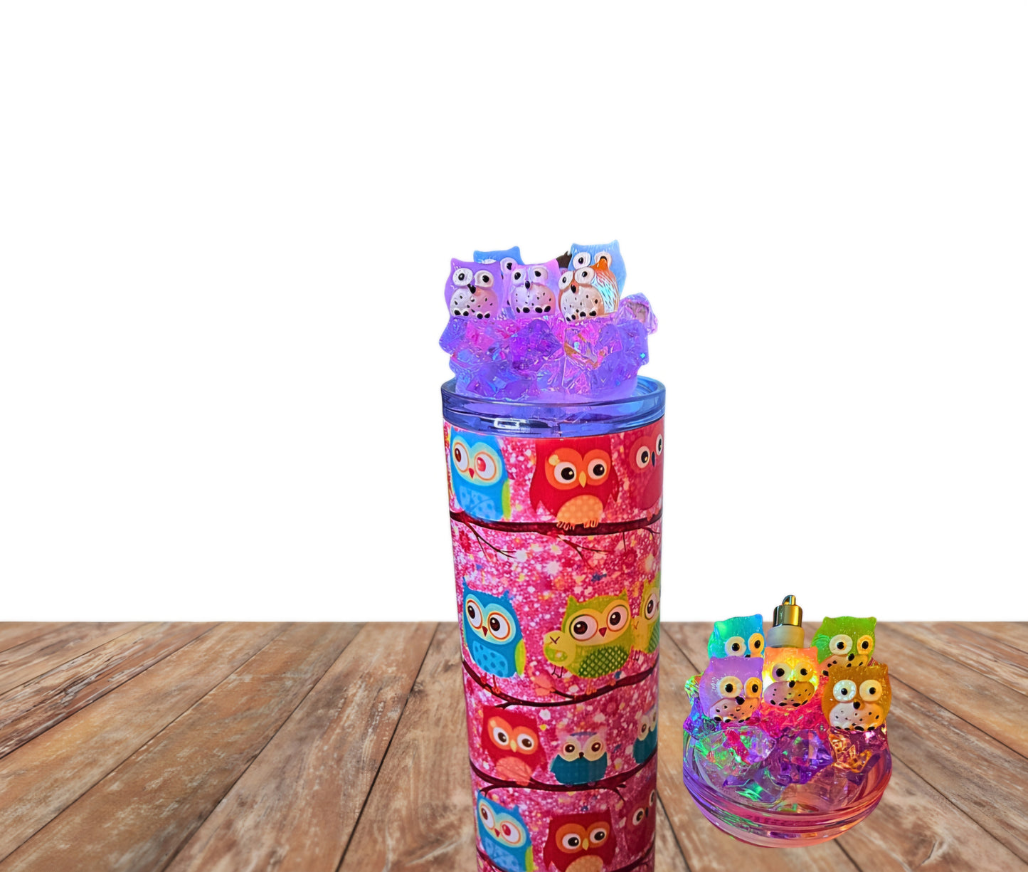 20 Oz Stainless Steel Colorful Owls Light Up Ice Tumbler With Removable Magnetic lid