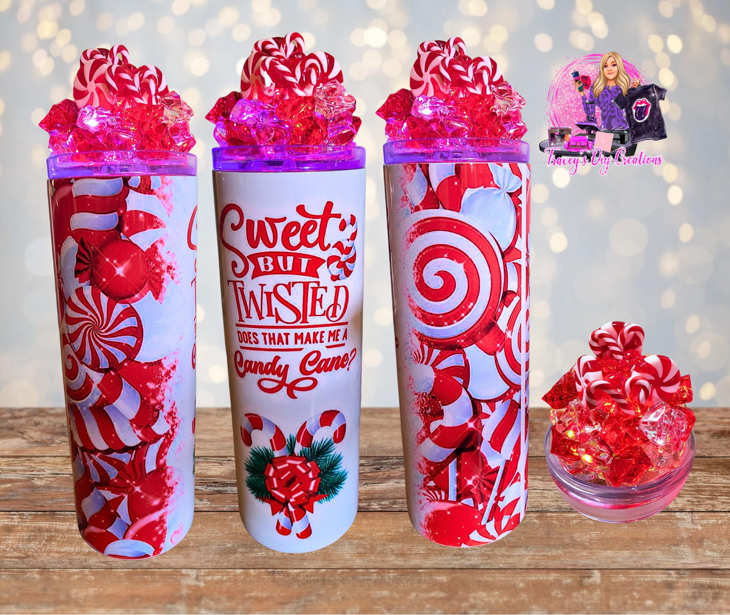 20 Oz Light Up Christmas Sweet But Twisted Faux Candy Cane And Peppermint Ice Tumbler With Removable Magnetic lid