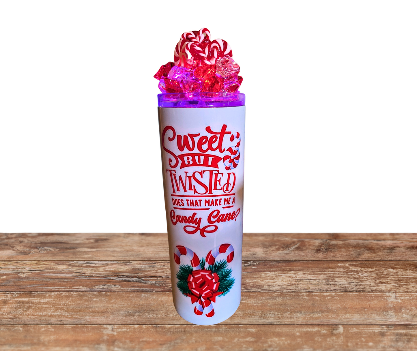20 Oz Light Up Christmas Sweet But Twisted Faux Candy Cane And Peppermint Ice Tumbler With Removable Magnetic lid