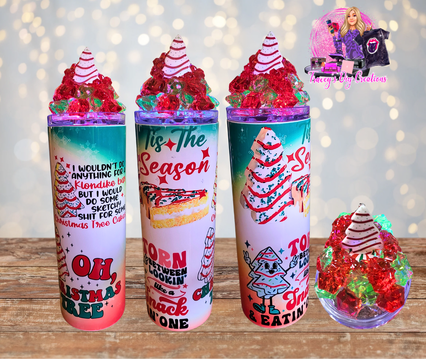 20 Oz Christmas Tree Tis The Season Snack Cake Light Up Tumbler With Removable Magnetic Lid