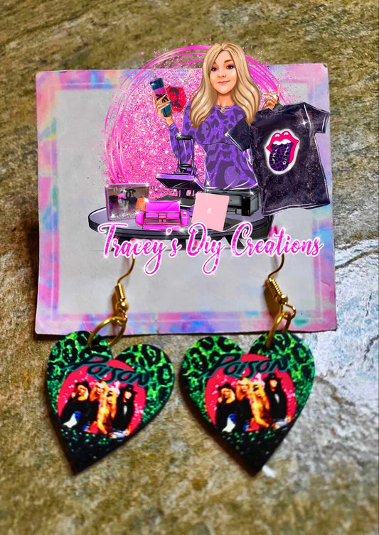 Poison Band Heart Shaped Earrings, 80s Hairband Green Leopard Heart Shaped, 80s Glam Metal Earwear, 80s Rock Poison Fan Gift