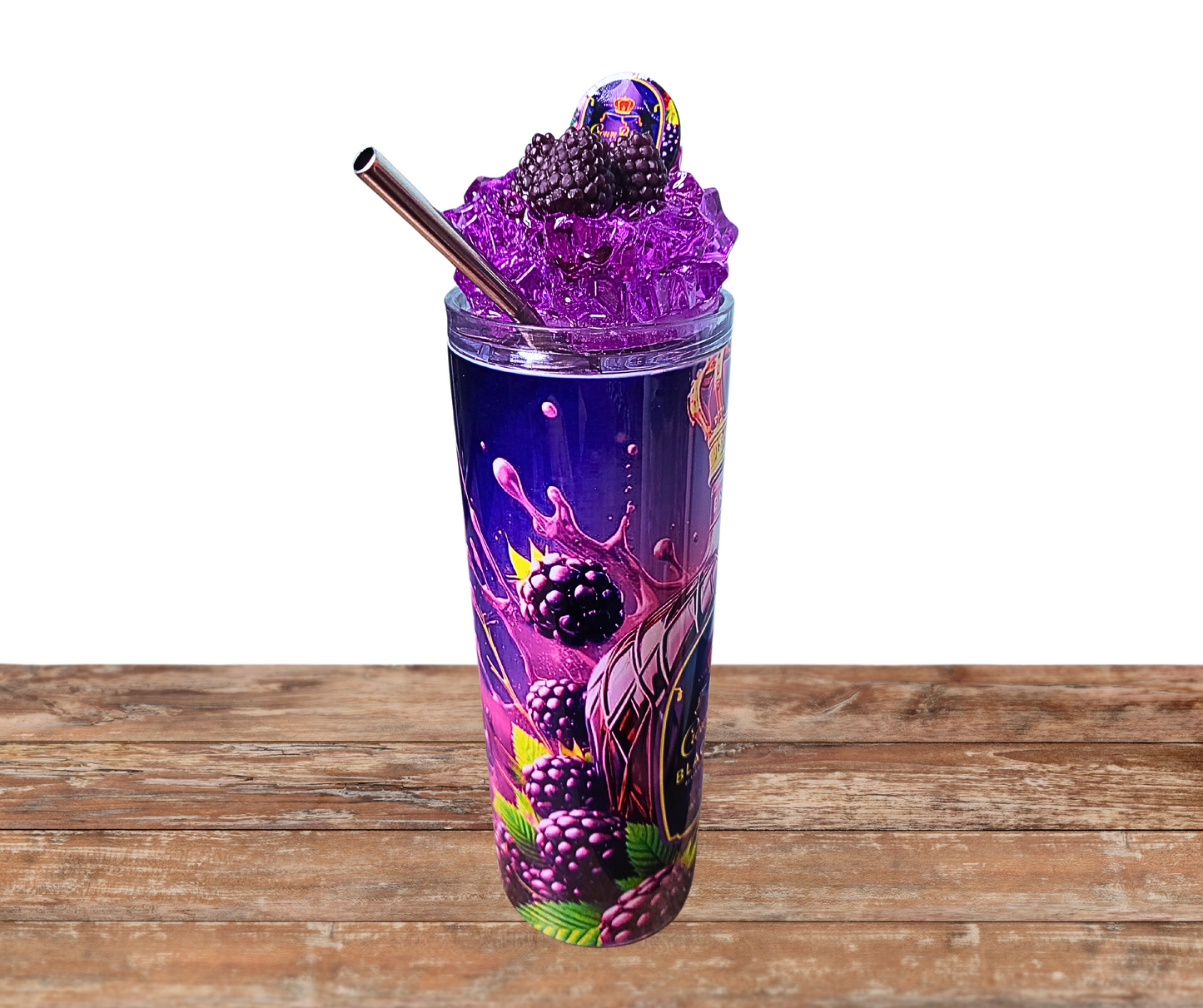 20 Oz Crown Royal Blackberry Purple Faux Ice Tumbler With Removable Magnetic Lid And Metal Straw