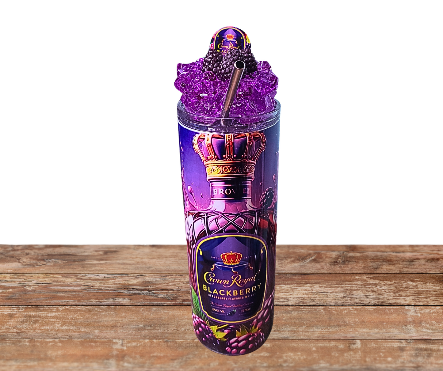 20 Oz Crown Royal Blackberry Purple Faux Ice Tumbler With Removable Magnetic Lid And Metal Straw