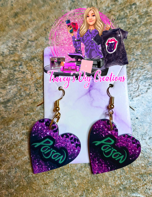 80s Rock Poison Purple Leppard Heart Shaped Sublimated Earrings